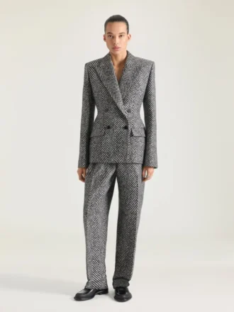 Balıksırtı Desenli Karışık Yün Çift Sıralı Ceket