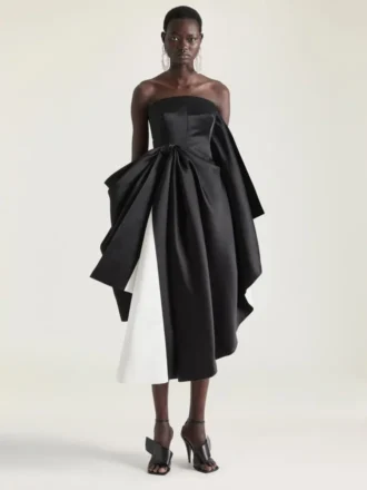 Fiyonk Detaylı Saten Drapeli Büstiyer Abiye Elbise