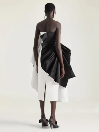 Fiyonk Detaylı Saten Drapeli Büstiyer Abiye Elbise